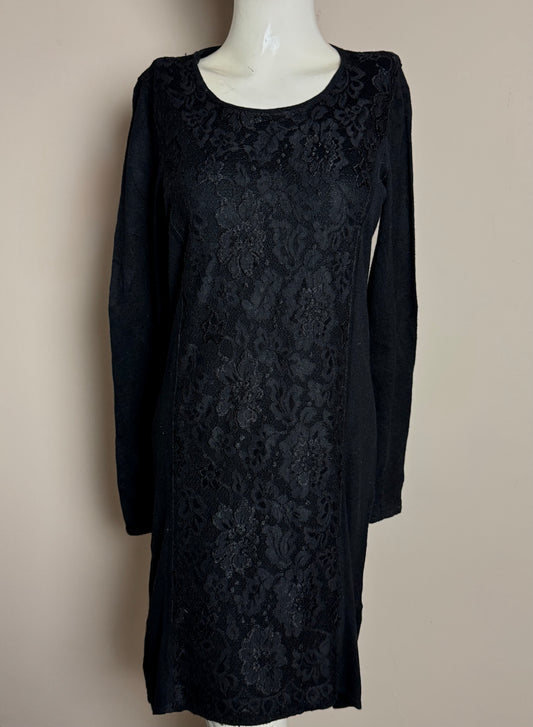 Black Floral Lace Front Knit Dress