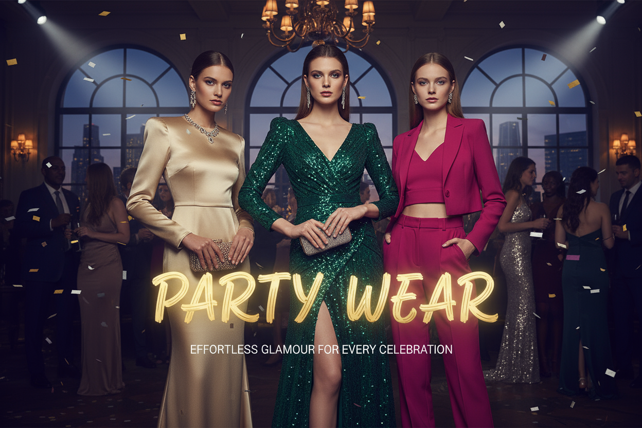 party wear written on banner. female models party wear